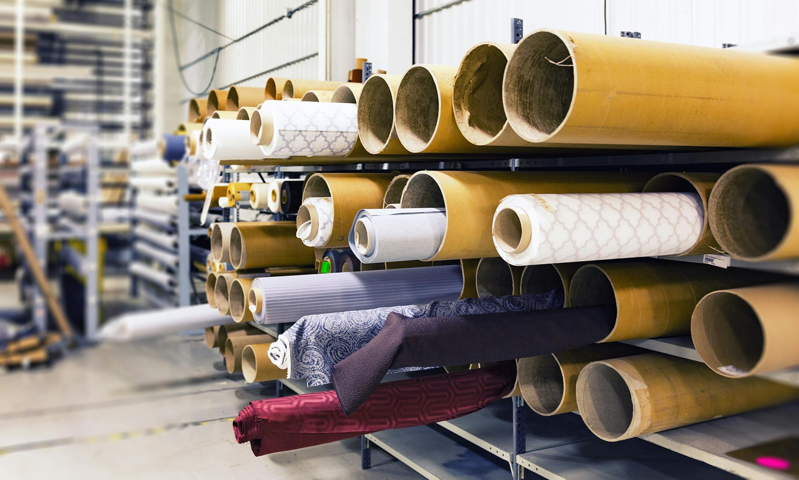 Rows of fabric rolls stored